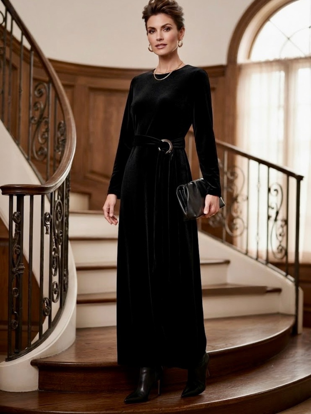 Algo Black Velvet Long Sleeve Maxi Dress Timeless Classic Formal Party Whimsical